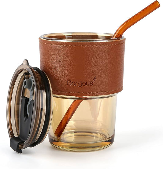 450ml coffee Glass Mug with straw, Lid & Leather sleeve, Leather Sleeve With Protective Leather Sleeve, Reusable Glass Coffee Tumbler SF Traders