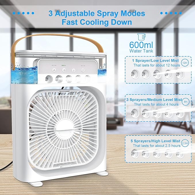 Portable Air Conditioner Fan, Personal Mini Small Evaporative Air Cooler Desktop Cool Mist Humidifier with 7 Colors LED Light, 1/2/3 H Timer, 3 Speeds & 3 Spray Modes for Room Office Home Travel (10 Inch)