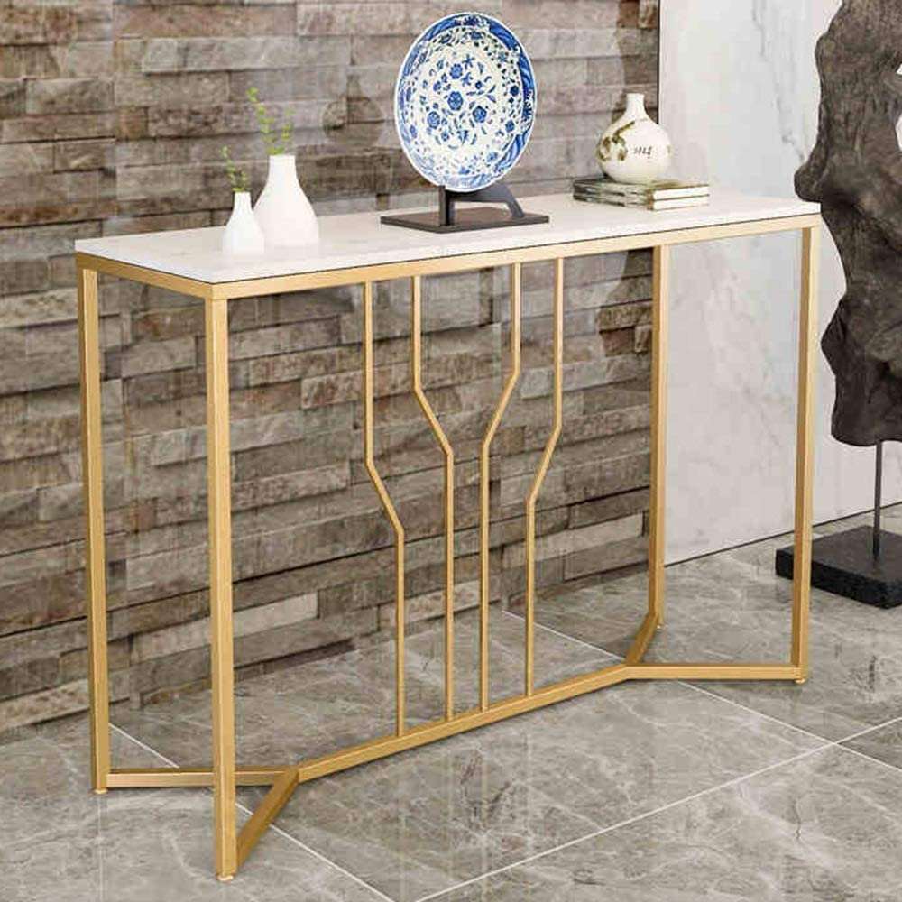 Console Table Iron Art Against The Wall Living Room Entrance Cabinet Marble Effect Top Slim Entry Table for Hallway SF Traders