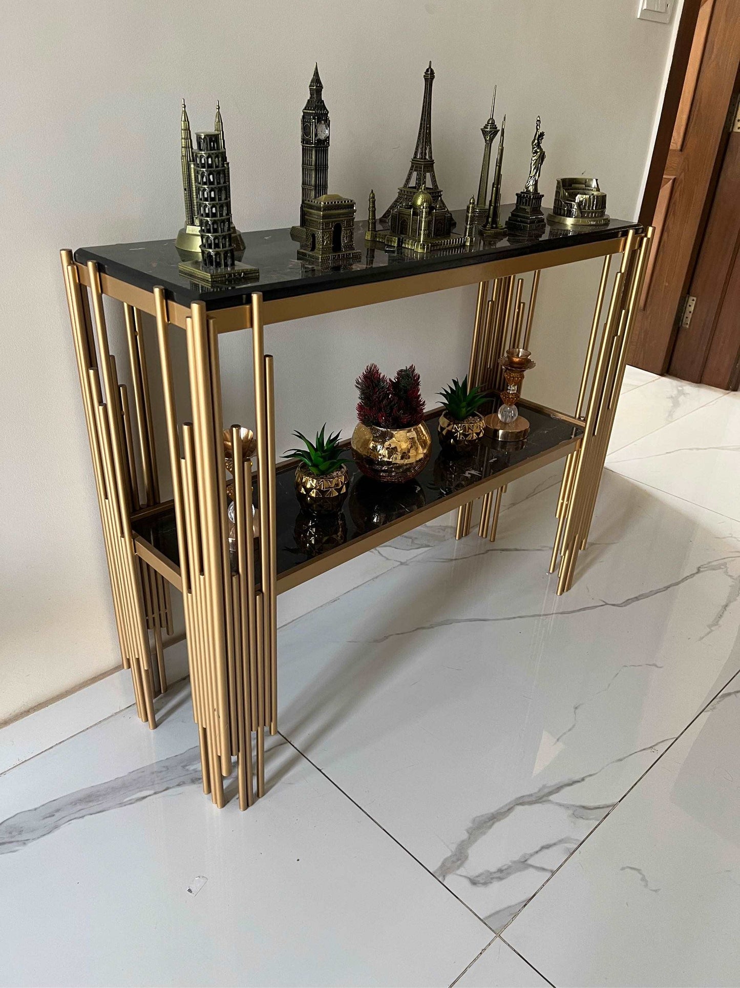 Luxury Entryway Table Gold Legs Rectangle Narrow Glass Console Table SF Traders