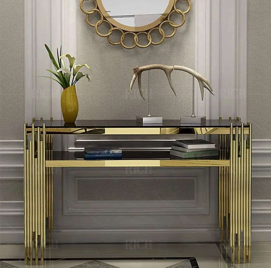 Luxury Entryway Table Gold Legs Rectangle Narrow Glass Console Table SF Traders
