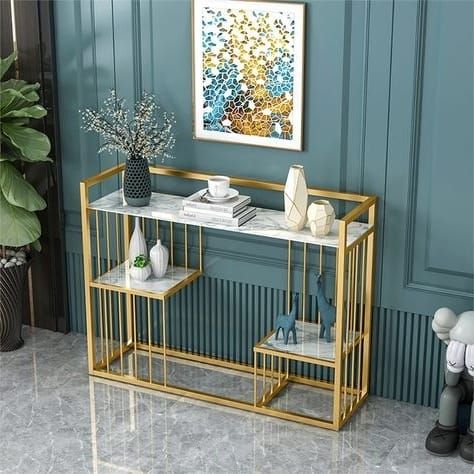 New Console Table in Golden Finish with Laminated Marble Effect Wood Top For Living Room, Hallway & Entryway Table SF Traders